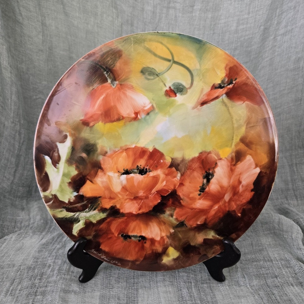 Hand Painted Signed Dated Platter Flat Ceramic Platter Decor Poppies Flowers